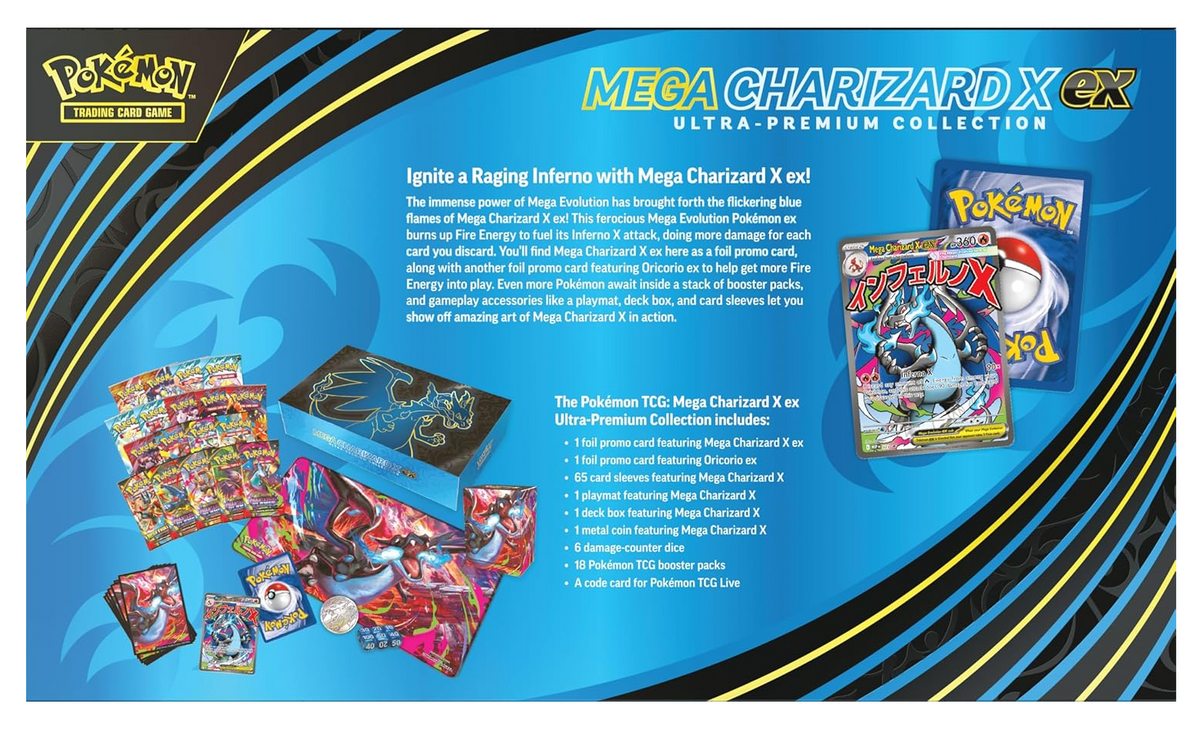 Pokémon TCG Mega Charizard X ex Ultra-Premium Collection with 65 Card Sleeves, 1 Playmat, 1 Deck Box, 1 Metal Coin, 6 Dice, 18 Booster Packs, and Code Card for Pokémon TCG Live