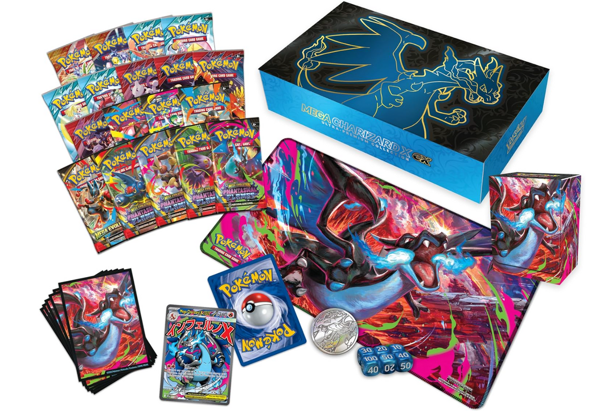 Pokémon TCG Mega Charizard X ex Ultra-Premium Collection with 65 Card Sleeves, 1 Playmat, 1 Deck Box, 1 Metal Coin, 6 Dice, 18 Booster Packs, and Code Card for Pokémon TCG Live