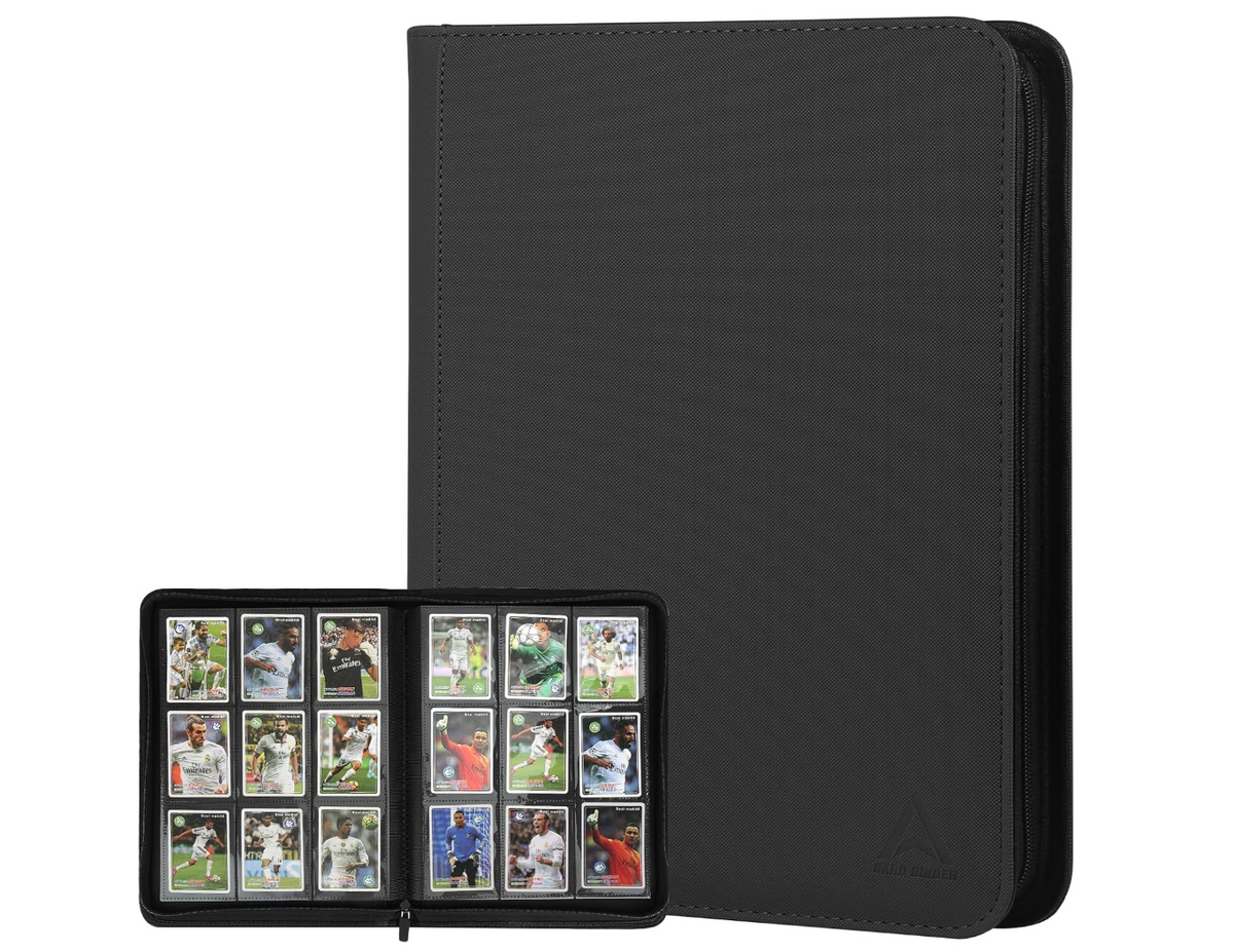 288-Card Trading Card Binder with 9-Pocket Pages & Zippered Side Storage Pocket – PU Leather Sports Card Album, Black or Red