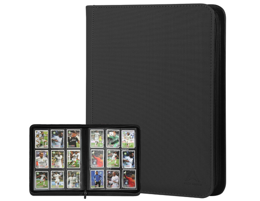 288-Card Trading Card Binder with 9-Pocket Pages & Zippered Side Storage Pocket – PU Leather Sports Card Album, Black or Red