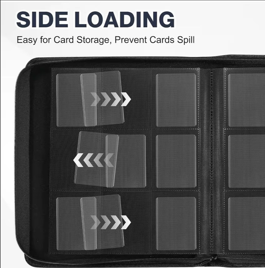 288-Card Trading Card Binder with 9-Pocket Pages & Zippered Side Storage Pocket – PU Leather Sports Card Album, Black or Red