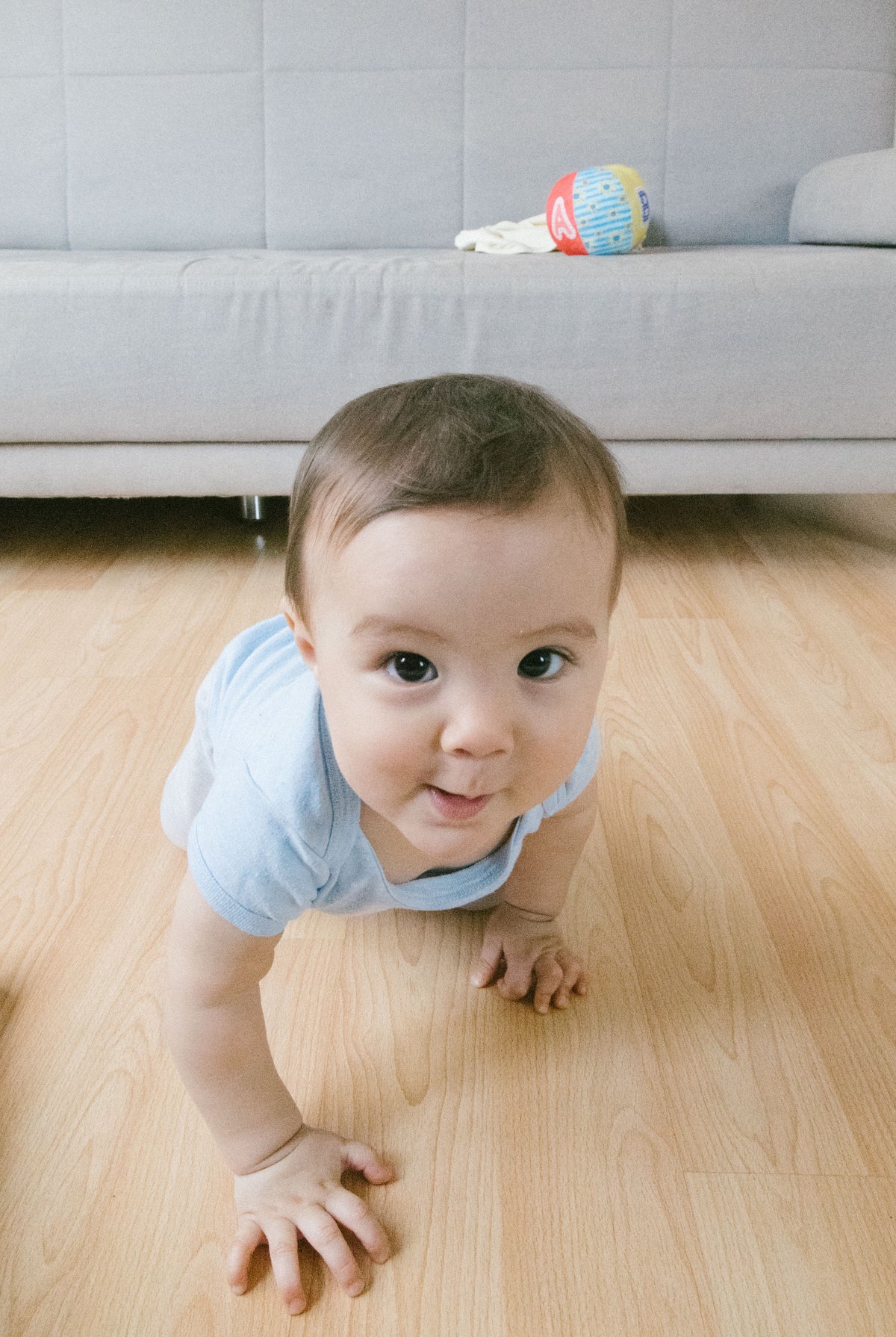 Baby crawling indoors on the floor